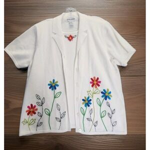VTG Alfred Dunner White Cardigan L Cottage Granny Embroidered Flowers Sweater